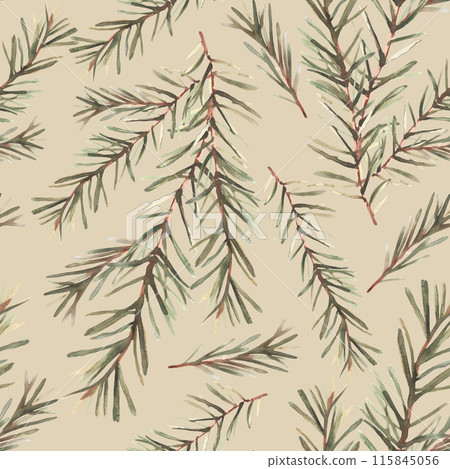 Pine or fir tree branches watercolor winter seamless pattern. Spruce evergreen with needles. Christmas tree twig painted illustration for fabric, wrapping paper on isolated beige coloured background 115845056