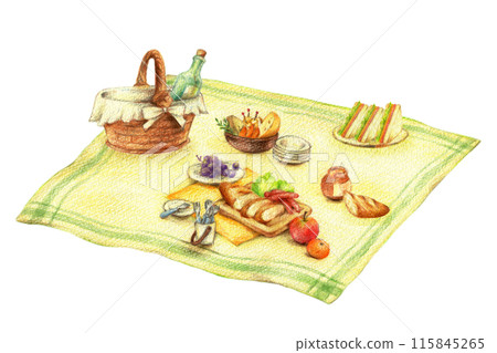 野餐午餐鋪在休閒床單上，手繪色鉛筆畫 115845265