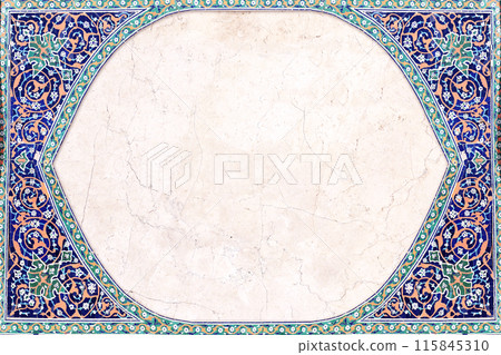 Detail of traditional persian mosaic wall with geometrical and floral ornament, Iran. Horizontal or vertical background with ceramic tile frame. Mock up template. Copy space for text Detail of traditional persian mosaic wall with geometrical and floral ornament, Iran. Horizontal or vertical background with ceramic tile frame. Mock up template. Copy space for text 115845310
