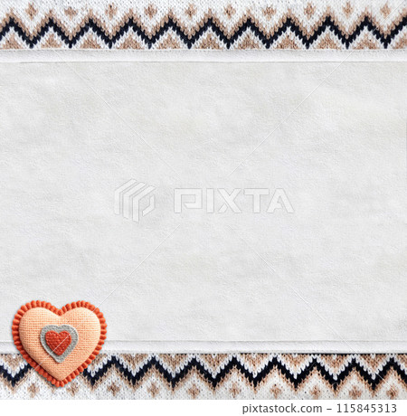 Vertical backdrop with suede texture, border of wool material with knitted ornament and felt heart. Background for scrapbooking with suede leather and sweater knitted texture. Copy space for text 115845313