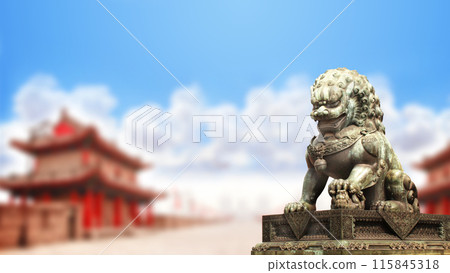 Horizontal background with ancient pavilions and lion statue in Forbidden City. Bronze chinese guardian lion, Beijing, China Horizontal background with ancient pavilions and lion statue in Forbidden City. Bronze chinese guardian lion, Beijing, China 115845318