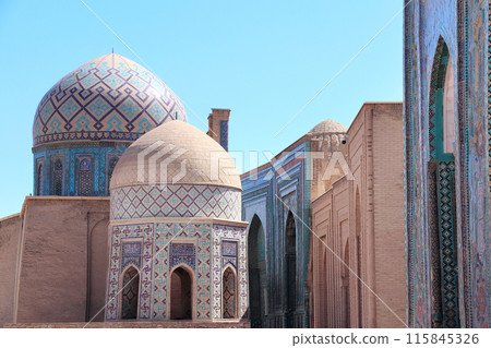 Shah-i-Zinda ensemble, Samarkand, Uzbekistan. Historical necropolis and mausoleum Shah i Zinda, memorial and religious complex, 14/15th century Shah-i-Zinda ensemble, Samarkand, Uzbekistan. Historical necropolis and mausoleum Shah i Zinda, memorial and religious complex, 14/15th century 115845326