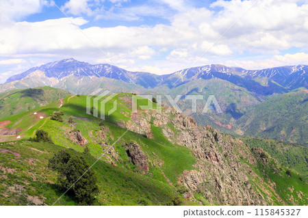 Beautiful landscape in Chimgan mountains, Tashkent region. Aerial view of idyllic mountain scenery in Western Tien Shan Mountains near Charvak Lake, Uzbekistan Beautiful landscape in Chimgan mountains, Tashkent region. Aerial view of idyllic mountain scenery in Western Tien Shan Mountains near Charvak Lake, Uzbekistan 115845327