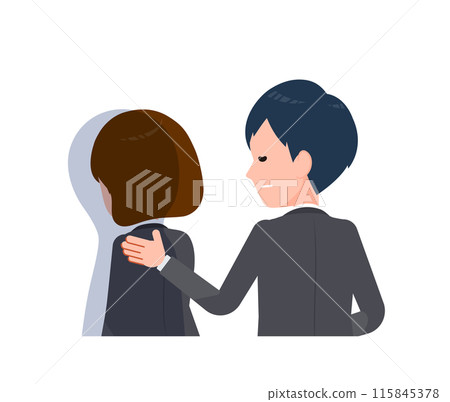 商務人士男女穿著西裝。當她感到沮喪時,他會安慰她。 商務人士男女穿著西裝。當她感到沮喪時,他會安慰她。 115845378