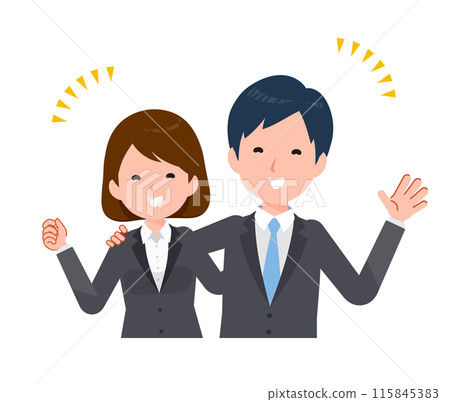 Business people, men and women in suits. Smiling and putting their arms around each other's shoulders. 115845383