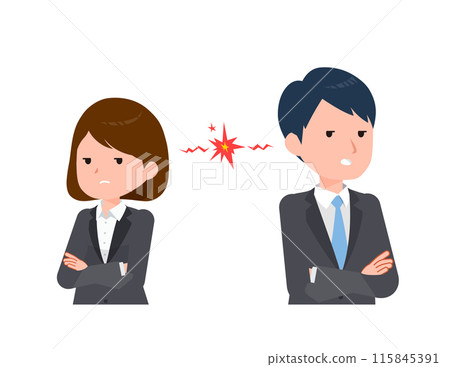 Business people man and woman in suits. Staring at each other during a fight. Business people man and woman in suits. Staring at each other during a fight. 115845391