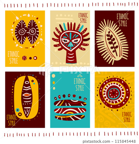 Set of eye-catching card, banner, background, flyer, placard with ethnic ornaments. Collection of cards, gift tags, labels or posters templates with african tribal motifs Set of eye-catching card, banner, background, flyer, placard with ethnic ornaments. Collection of cards, gift tags, labels or posters templates with african tribal motifs 115845448