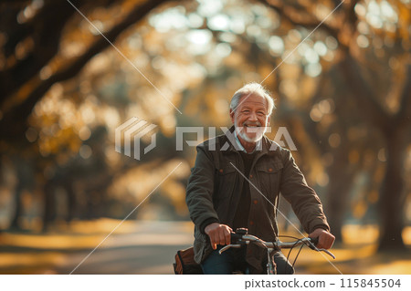 Elderly man smiling while riding a bicycle in a sunlit park 115845504