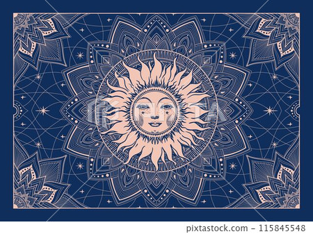 Celestial astrological mandala with sun, magic tarot card, vector celestial poster for print, card, packaging. Modern hand drawn illustration. 115845548