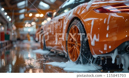 Orange Sports Car in Car Wash with Soap Suds Orange Sports Car in Car Wash with Soap Suds 115845703