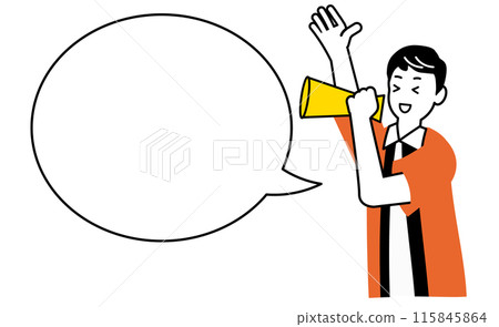 Illustration of a store clerk wearing a happi coat and using a megaphone to cheer customers on, with a speech bubble for you to write in (skin is painted white) Illustration of a store clerk wearing a happi coat and using a megaphone to cheer customers on, with a speech bubble for you to write in (skin is painted white) 115845864