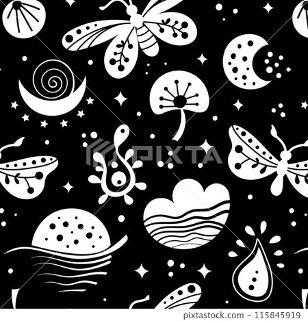 Seamless neo folk art vector pattern with butterfly, moth and flowers, black and white floral design. Neo folk style endless background perfect for textile design. 115845919