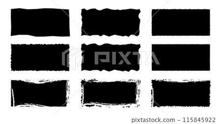 Jagged rectangle. Black simple shape. Rectangle paper template jagged and rough. 115845922