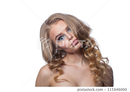 Funny blonde lady on white background. Beautiful blond woman studio portrait Funny blonde lady on white background. Beautiful blond woman studio portrait 115846000