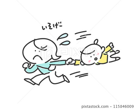 一位母親拉著女兒的手逃跑，驚慌失措，匆忙而行。 115846009