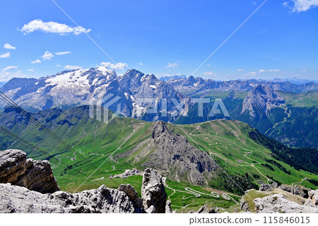 View of the Marmolada mountain range from the top station of the Sasso Pordoiro Ropeway 115846015