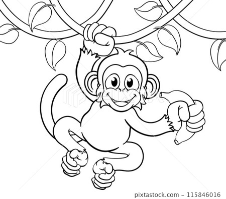 Monkey Singing On Jungle Vines With Banana Cartoon 115846016