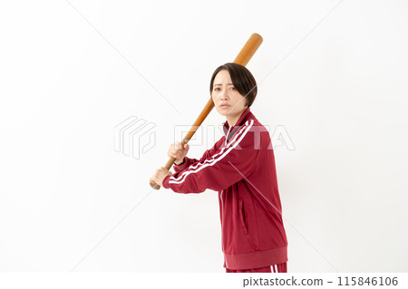 Woman in a jersey holding a bat Woman in a jersey holding a bat 115846106