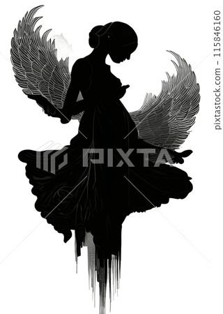 Black silhouette of a woman as angel on white background. 115846160