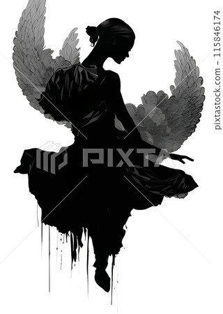 Black silhouette of a woman as angel on white background. Black silhouette of a woman as angel on white background. 115846174