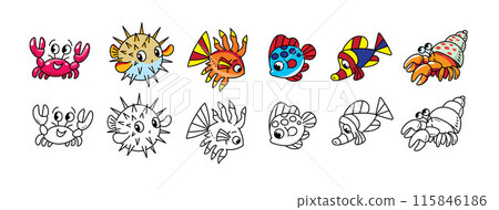 Sea animals and fishes coloring book set. Vector 115846186