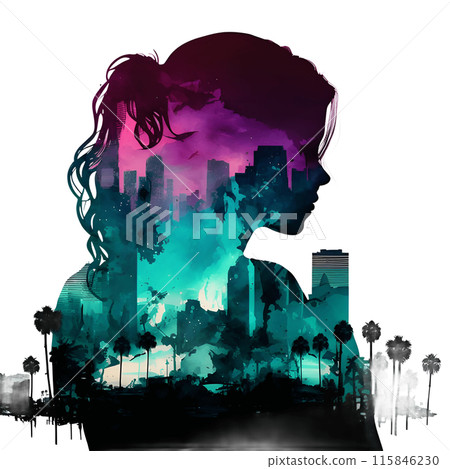 Colorful silhouette of a girl on city background. 115846230