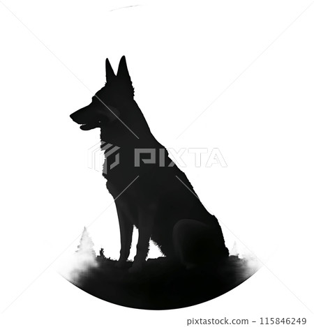Black silhouette of a dog in circle on white background. 115846249