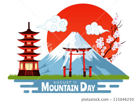 Mountain Day in Japan Vector Illustration on August 11 featuring Mount Fuji and Sakura Flower Background in a Flat Cartoon Style Design 115846250