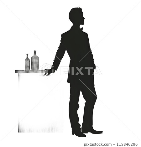 Black silhouette of a man at a bar with bottles on white background. 115846296