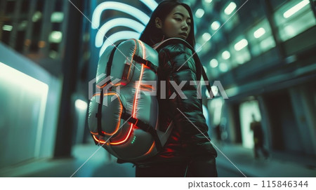 Woman with Futuristic Backpack in City at Night with Neon Lights Woman with Futuristic Backpack in City at Night with Neon Lights 115846344