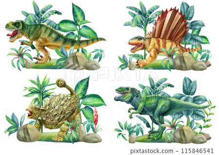 Dinosaurs in tropical forest, Jungle palm leaves, plant watercolor, Hand painted watercolor dinosaur illustration poster 115846541