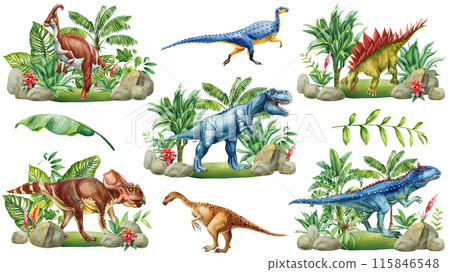 Dinosaur Watercolor illustration with prehistoric landscape, palm, plants. Hand drawn Detailed dino clipart Dinosaur Watercolor illustration with prehistoric landscape, palm, plants. Hand drawn Detailed dino clipart 115846548