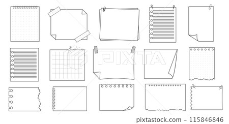 Memo sticky note reminder sheet paper. Doodle paper frame, check list with pin, tape, paperclip elements. Set cute notes, office or school messages. Memo sticky note reminder sheet paper. Doodle paper frame, check list with pin, tape, paperclip elements. Set cute notes, office or school messages. 115846846