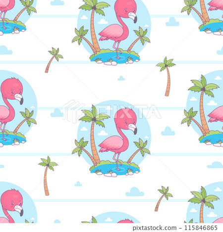 Seamless pattern with cute pink flamingo with tropical palm trees on white striped background with clouds. Funny cartoon kawaii bird character. Vector illustration. Kids collection. Seamless pattern with cute pink flamingo with tropical palm trees on white striped background with clouds. Funny cartoon kawaii bird character. Vector illustration. Kids collection. 115846865