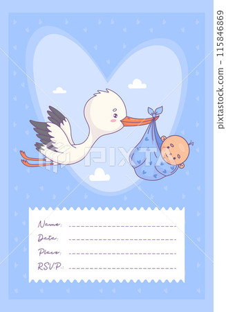 Baby shower card. Cute flying white stork and baby boy arrival. Vector illustration. Cool vertical blue postcard with copy space. Funny Cartoon bird kawaii and delivery of infant. Kids collection. 115846869