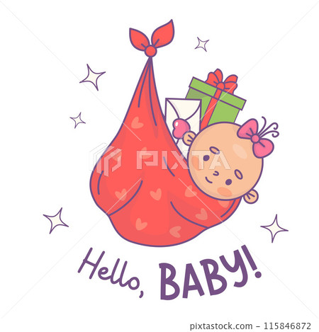Cute festive newborn girl in bag bundle with gifts. Funny cartoon kawaii holiday infant character. Vector illustration. Kids collection. Hello, baby card. 115846872