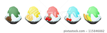 Illustration of five flavors of shaved ice drizzled in syrup 115846882