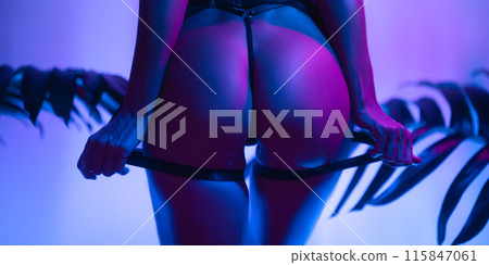 Close-Up of Model's Curves in Neon Lighting with Tropical Leaves 115847061