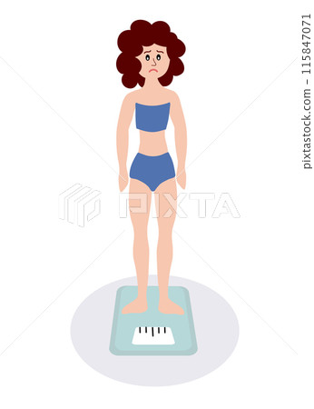 Eating disorder. Sad woman worried about being overweight. Girl on scale. Anorexia. Rejection of yourself. Cartoon flat vector illustration. 115847071