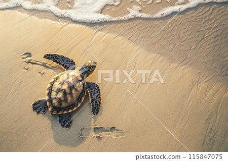 A turtle is laying on the sand near the water with Generative AI 115847075