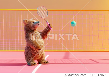 A teddy bear is holding a tennis racket and a tennis ball with Generative AI 115847076