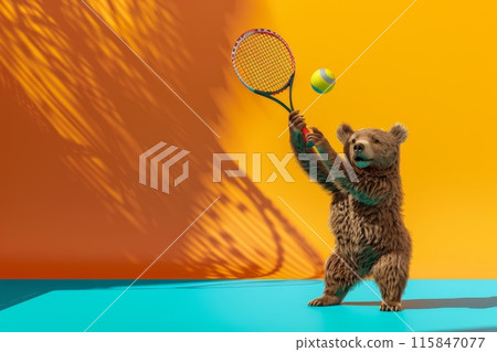 A teddy bear is holding a tennis racket and a tennis ball with Generative AI 115847077