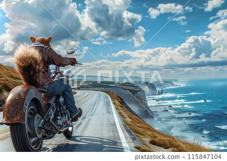 A man on a motorcycle with a dog tail is riding down a road with Generative AI 115847104