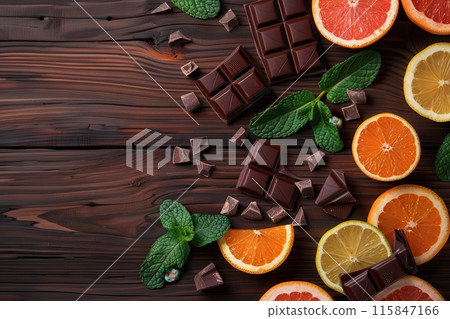 A close up of chocolate and orange slices on a wooden table with Generative AI A close up of chocolate and orange slices on a wooden table with Generative AI 115847166