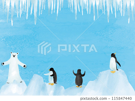 水彩風格北極熊、企鵝和涼爽的風景框 水彩風格北極熊、企鵝和涼爽的風景框 115847440