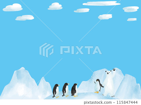 水彩風格北極熊與企鵝酷景觀框架 115847444