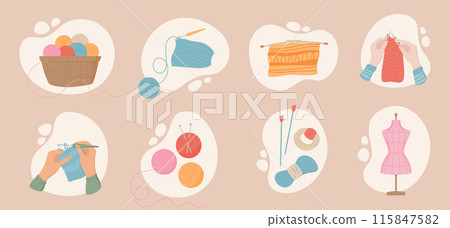 Knit and crochet set with basket of yarn, hands knitting and crocheting with thread. Scattered sewing tools, knitting needles, and tailor mannequin. Cute illustration of handmade embroidery. Knit and crochet set with basket of yarn, hands knitting and crocheting with thread. Scattered sewing tools, knitting needles, and tailor mannequin. Cute illustration of handmade embroidery. 115847582