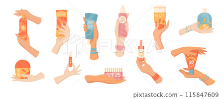 Creative set with hands hold uv block lotion tube or sun screen moisturizer container, isolated hand hold spf cream pack, flat sun protection cosmetic product and cartoon sunblock spray bottle. 115847609