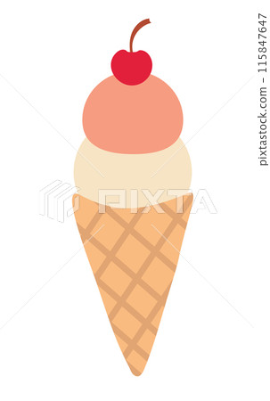 Ice cream in waffle cone with cherry. Summer time sweet food. Vector flat illustration. 115847647