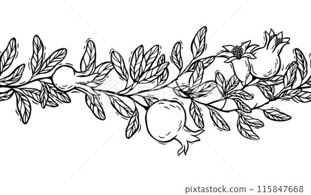 Seamless composition of branch with leaves and pomegranate. Vector botanical black and white illustration, hand drawn in linocut style. Drawing for food and cosmetics packaging design, postcards 115847668
